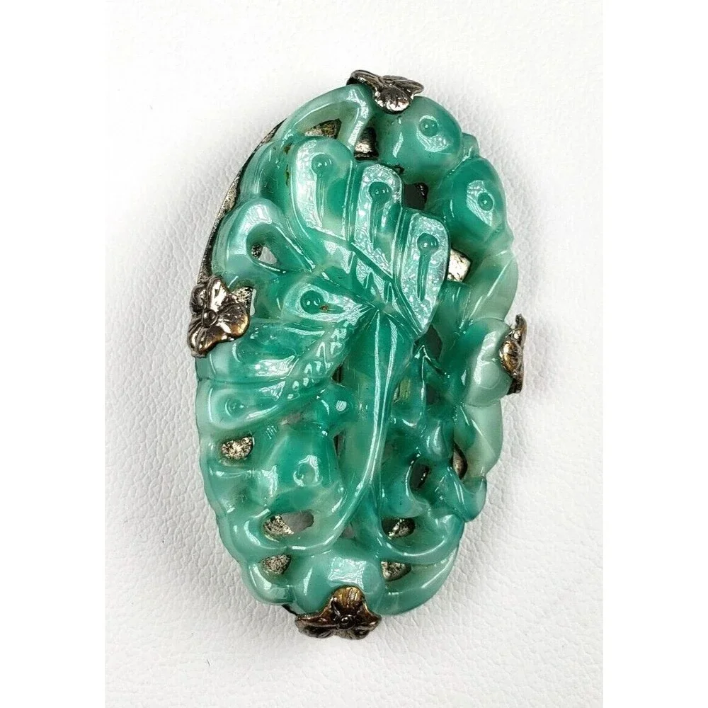 Vintage 1900 - 1920 Art Deco Carved Butterfly Jadeite Jade Silver Tone Brooch - Picture 2 of 14